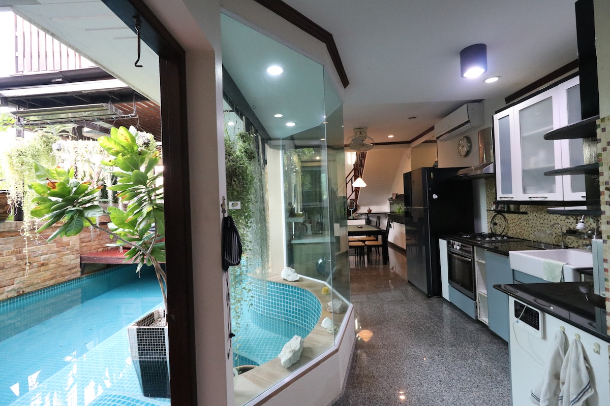 The kitchen area features modern appliances set against a backdrop of sleek countertops. Large windows offer views of the private swimming pool, while plants enhance the space's natural light. A mirrored wall reflects the inviting atmosphere of the area.