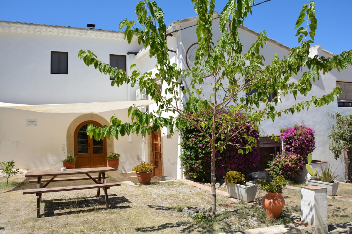 An outdoor area showcases a rustic stone building with a white exterior and brown wooden doors. A small table with benches sits on the grassy ground, surrounded by potted plants and a blooming tree. Bright purple flowers offer a colorful accent to the natural setting.