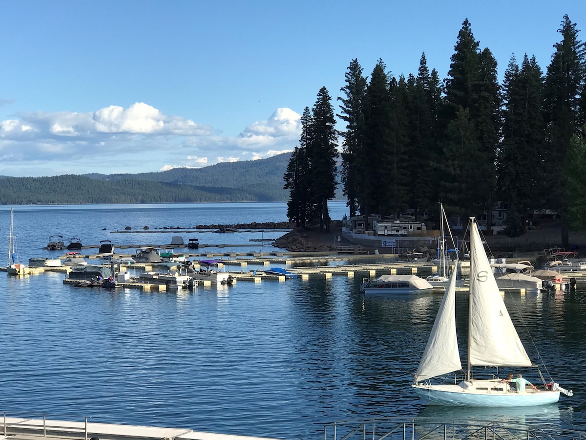 A scenic view of a tranquil lake features a sailboat gliding across the water. In the background, rows of boats are docked at a serene marina, surrounded by tall evergreen trees. The sky is clear, with fluffy white clouds accentuating the natural beauty.