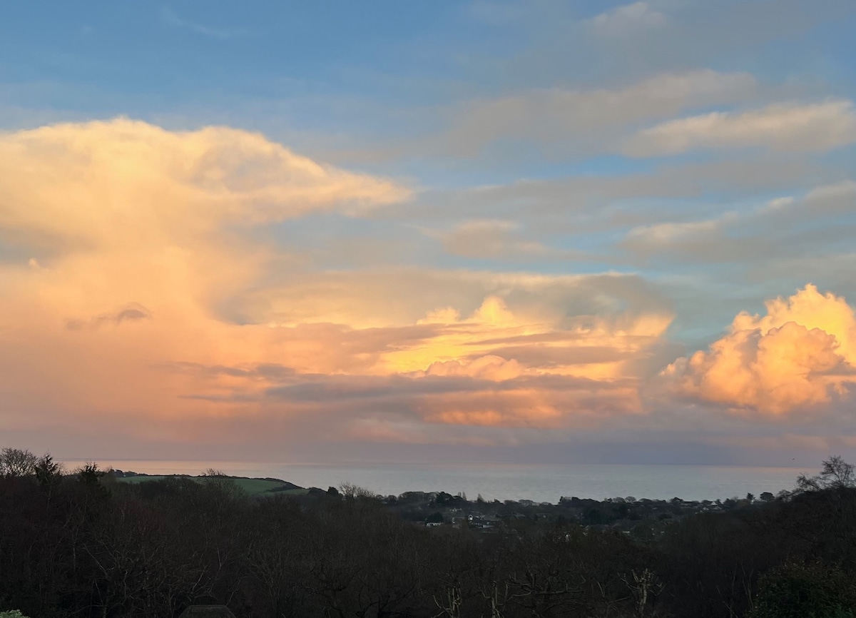A scenic coastal view is captured, featuring soft clouds illuminated by the setting sun. The horizon showcases hues of orange and pink merging into a blue sky, while the silhouette of trees is visible in the foreground.