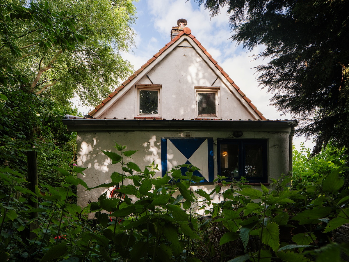 The exterior of a quaint house is partially obscured by lush greenery. A sloping roof with red tiles complements the textured white walls. Two small windows sit above a larger window framed by a blue and white geometric design. Natural light filters through the surrounding foliage.