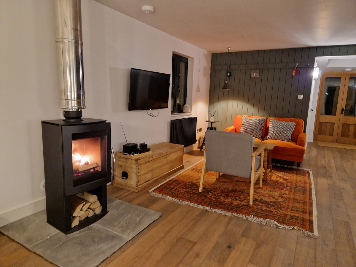 A contemporary living space features a cozy woodburner, providing warmth to the area. A plush orange sofa is combined with a light gray armchair, situated on a patterned rug. A flat-screen TV is mounted on the wall, enhancing the modern decor.
