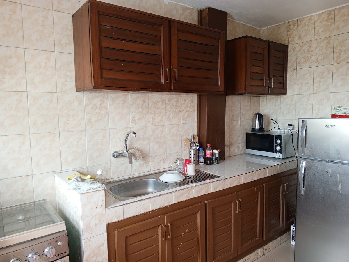 A functional kitchen space is presented, featuring wooden cabinets above and below a countertop. A stainless steel sink is positioned adjacent to a gas stove. Kitchen appliances, including a kettle, microwave, and refrigerator, are neatly arranged among utensils and condiments on the countertop.