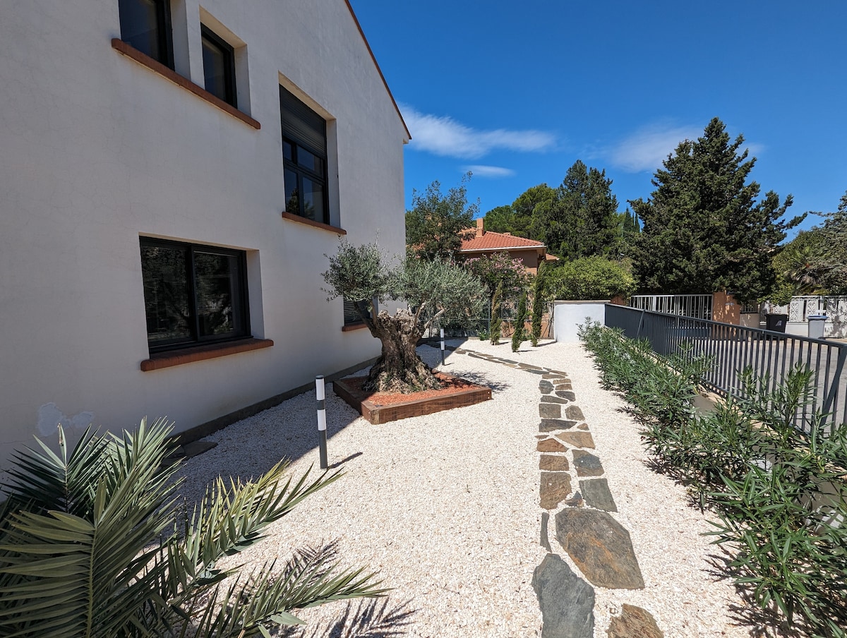 A pathway made of stone leads to the entrance of the villa, surrounded by white gravel and landscaped with palm plants. An ancient olive tree is positioned near a covered seating area, while the villa's white exterior and large windows create a bright, inviting atmosphere.
