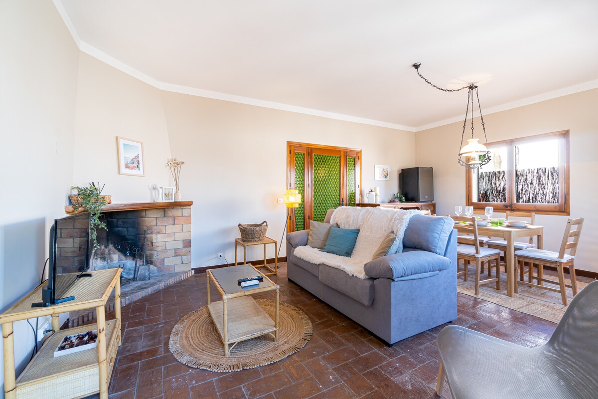 A spacious living area features a comfortable sofa and armchair, with a rustic fireplace as the focal point. Natural light floods the space, highlighting a wooden dining table set for six. Decorative elements include a woven rug and simple art pieces on the walls.