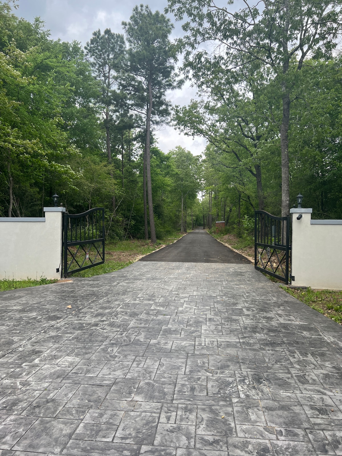 A gated entrance is visible, leading down a paved driveway surrounded by lush greenery. The path is bordered by tall trees, creating a sense of tranquility and seclusion. The gates stand open, allowing access to the property.