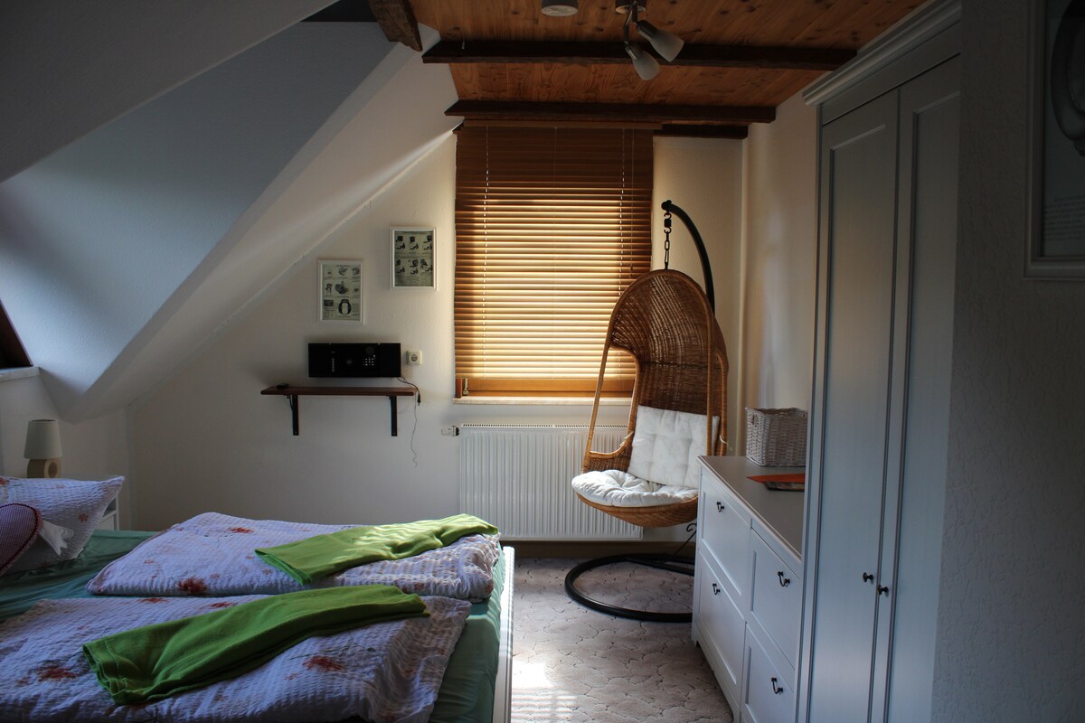 A cozy bedroom features a spacious bed with colorful bedding. A stylish hanging chair is positioned by a window with wooden blinds, allowing natural light to filter in. A white dresser and wall-mounted shelf add functional elements to the space.