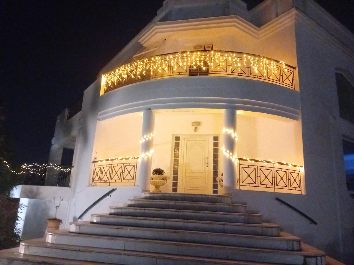The entrance of the villa is illuminated with warm lights, creating a welcoming ambiance. A set of stairs leads up to the front door, flanked by two planters. A balcony above showcases decorative lights that enhance the architectural features.
