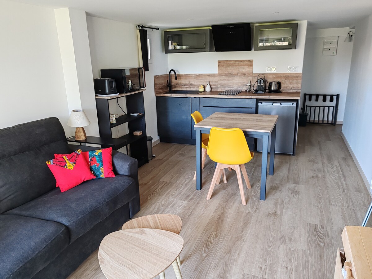 A comfortable living area with a dark sofa is complemented by colorful throw pillows. A small dining table with yellow chairs sits in the center, with an open kitchen featuring modern appliances and wooden accents visible in the background.