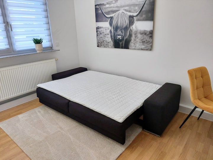 Kauč se može pretvoriti u kauč na razvlačenje, a zatim nudi ležaljku od 140 x 200 cm. Na kauču je nadstrešnica.
