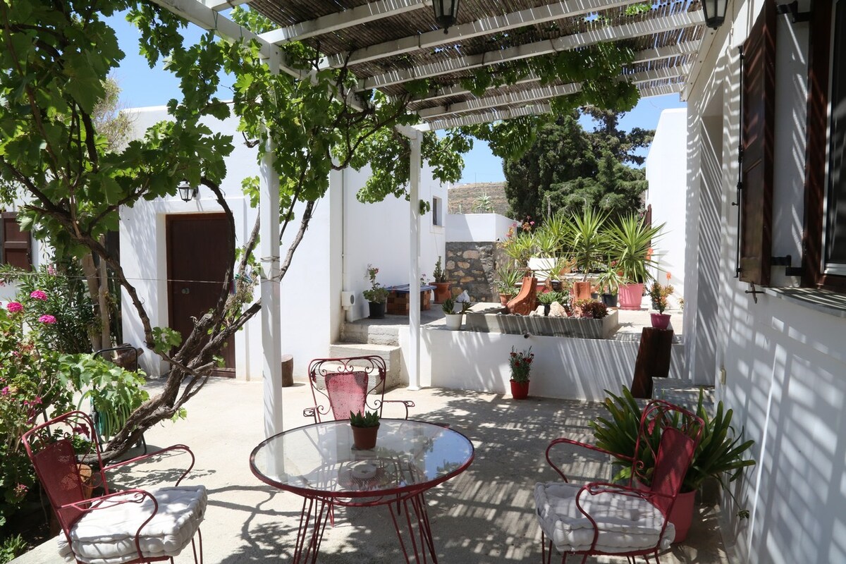 A shaded outdoor patio area is furnished with a round glass table and four metal chairs. Green vines provide natural coverage over the space, while potted plants and flowers add color. The entrance to the property is visible in the background, along with a stone wall.