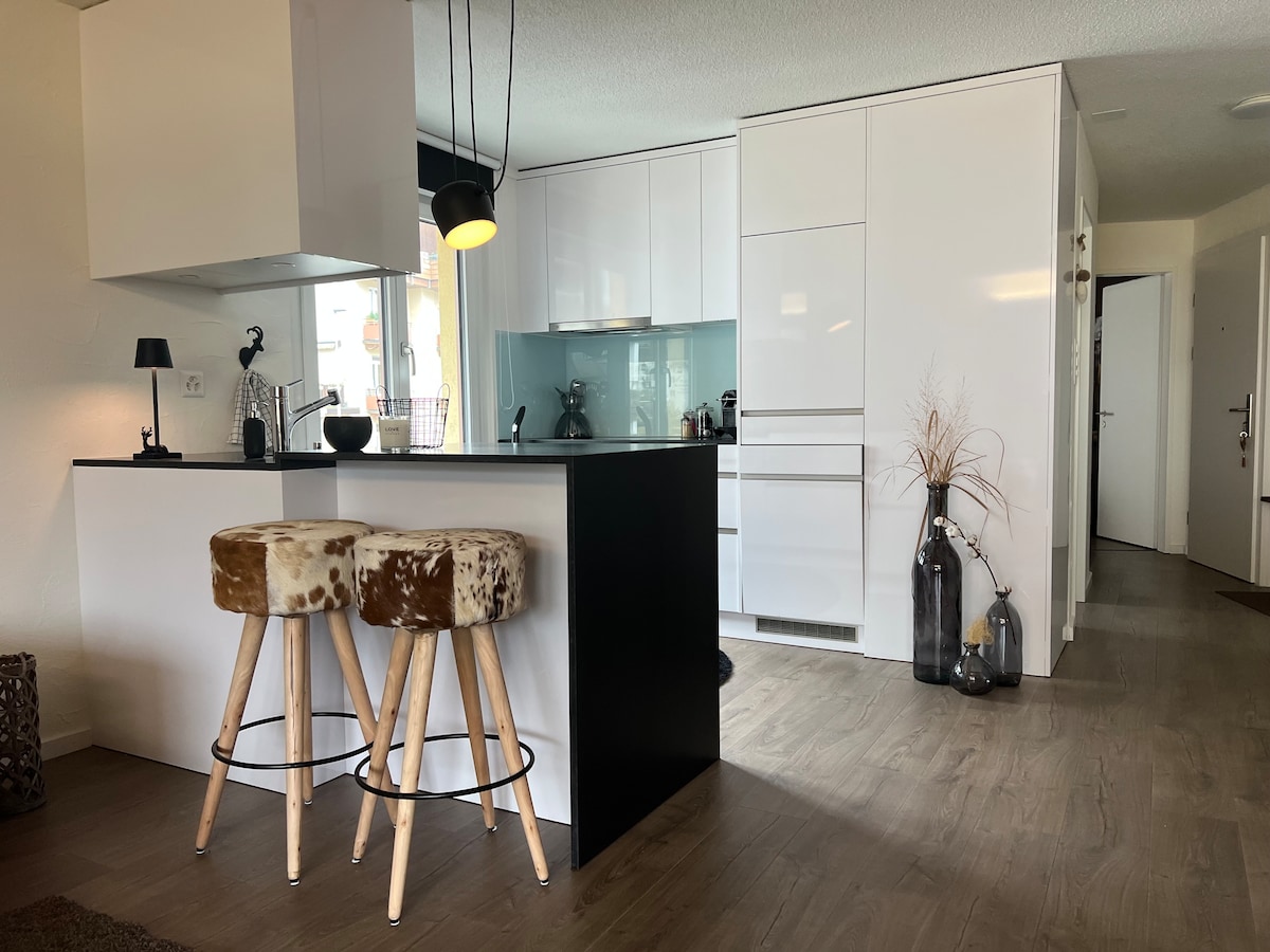 An open-plan kitchen features sleek white cabinetry and a contrasting black countertop. Two stool chairs with unique patterned upholstery are positioned at the kitchen island. The spacious layout is further complemented by modern appliances and decorative vases in the corner.