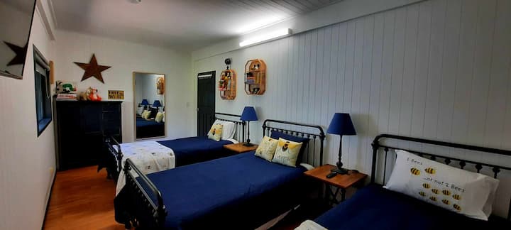 Tri jednostruka bračna kreveta za djecu ili starije članove obitelji, zajedno s televizorom te pristupom knjigama i društvenim igrama.