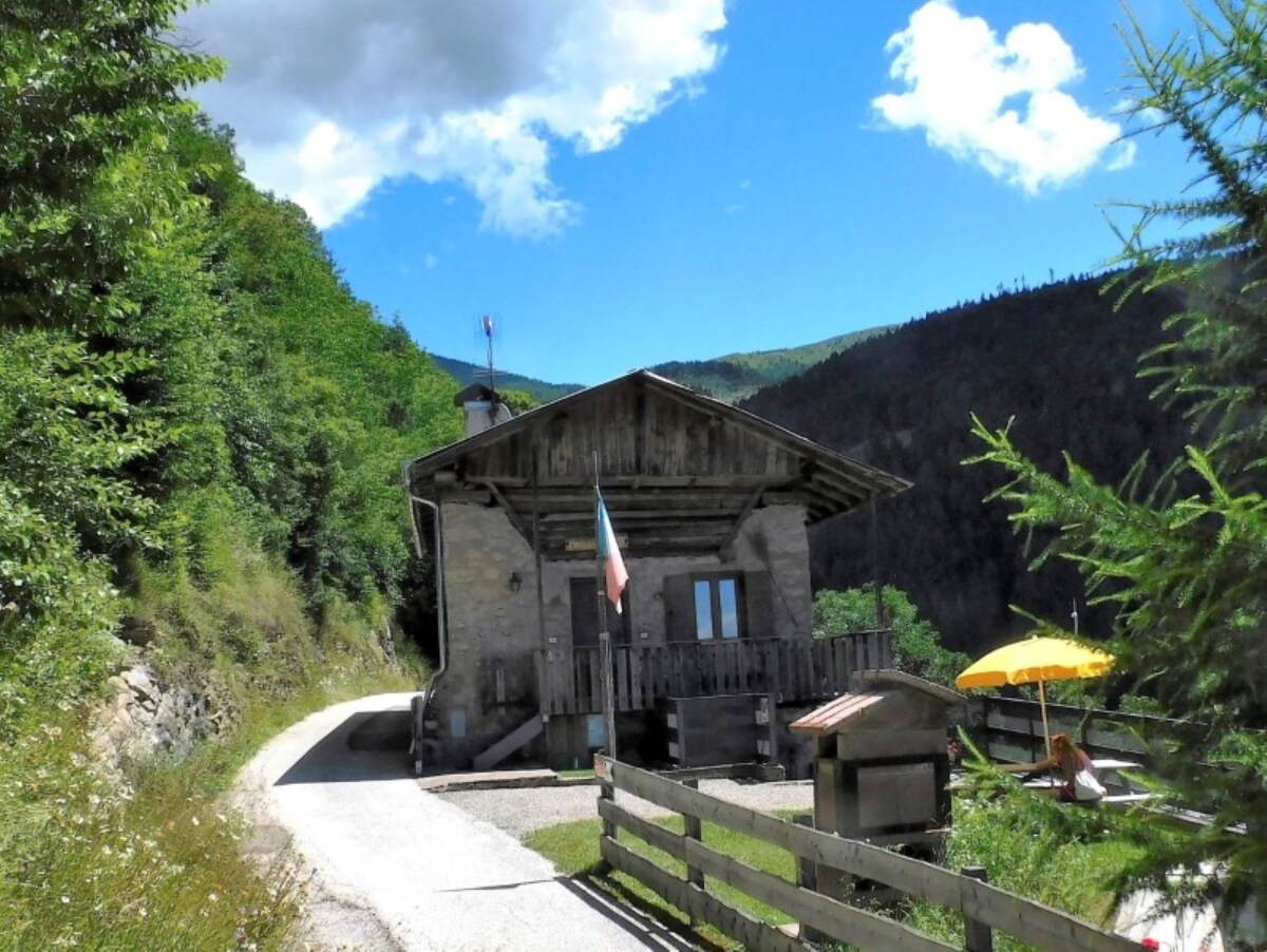 The exterior of a traditional alpine hut is visible, showcasing natural stone and wooden elements under a bright blue sky. A flag is displayed on the front, and a sunny terrace is set with a yellow umbrella. Lush greenery surrounds the structure, enhancing its secluded charm.