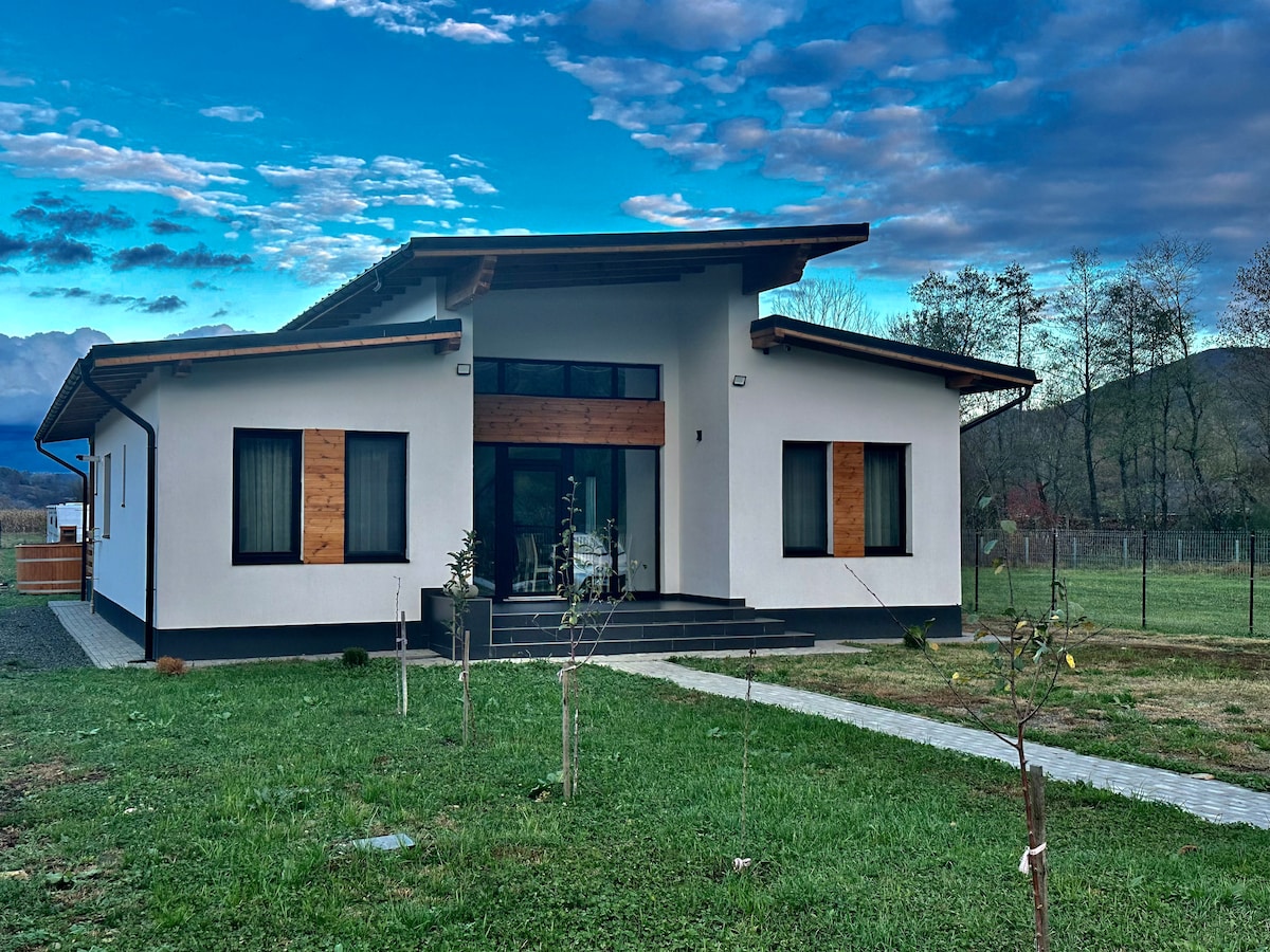 The modern chalet features a clean, minimalist exterior with a combination of white walls and wooden accents. Large glass doors and windows allow natural light into the space, while neatly trimmed grass surrounds the patio area, providing a welcoming entrance.