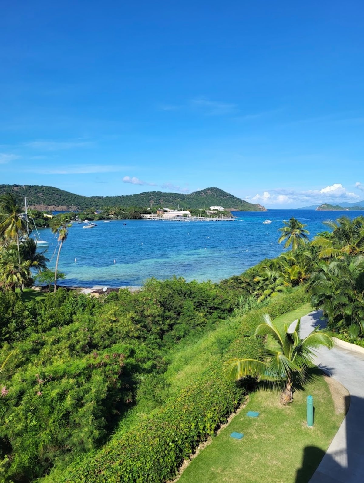 A scenic view captures a vibrant blue sea dotted with boats, framed by lush greenery and palm trees. Rolling hills rise in the background, enhancing the serene landscape under a clear sky. The image conveys a sense of peace and natural beauty.