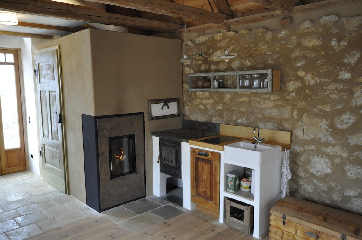 A functional kitchen area is outlined by rustic stone and wooden features. A wood stove is positioned alongside a small sink and kitchen counter. Above, a shelf displays various jars, while a large wooden cabinet is visible on the side. Light enters through a window nearby.