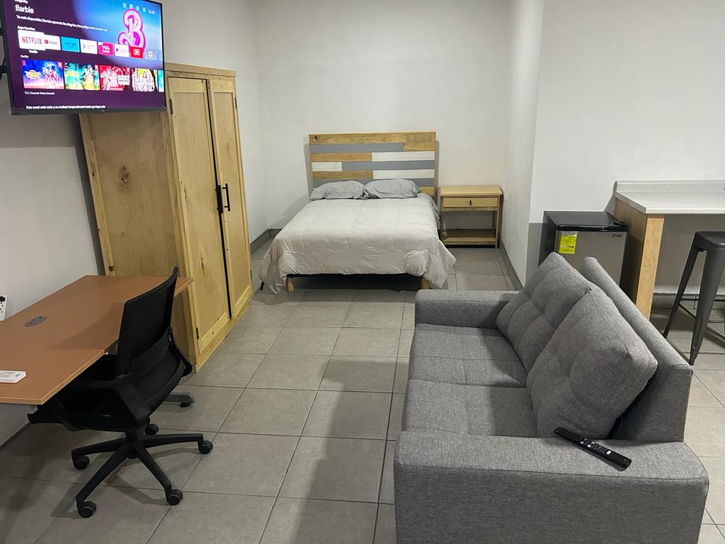 A studio space is displayed with a spacious bed positioned against the wall, alongside a nightstand. A gray sofa is visible in the foreground, facing a work desk and chair. A wardrobe provides storage, and a wall-mounted TV is positioned above the desk.