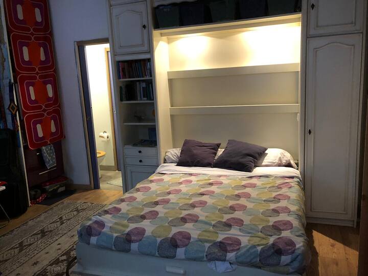 Štúdio na prízemí. Skladacia posteľ (140 cm), šatníková skriňa, kúpeľňa so sprchovacím kútom, mikrovlnná rúra, rýchlovarná kanvica a umývadlo. 