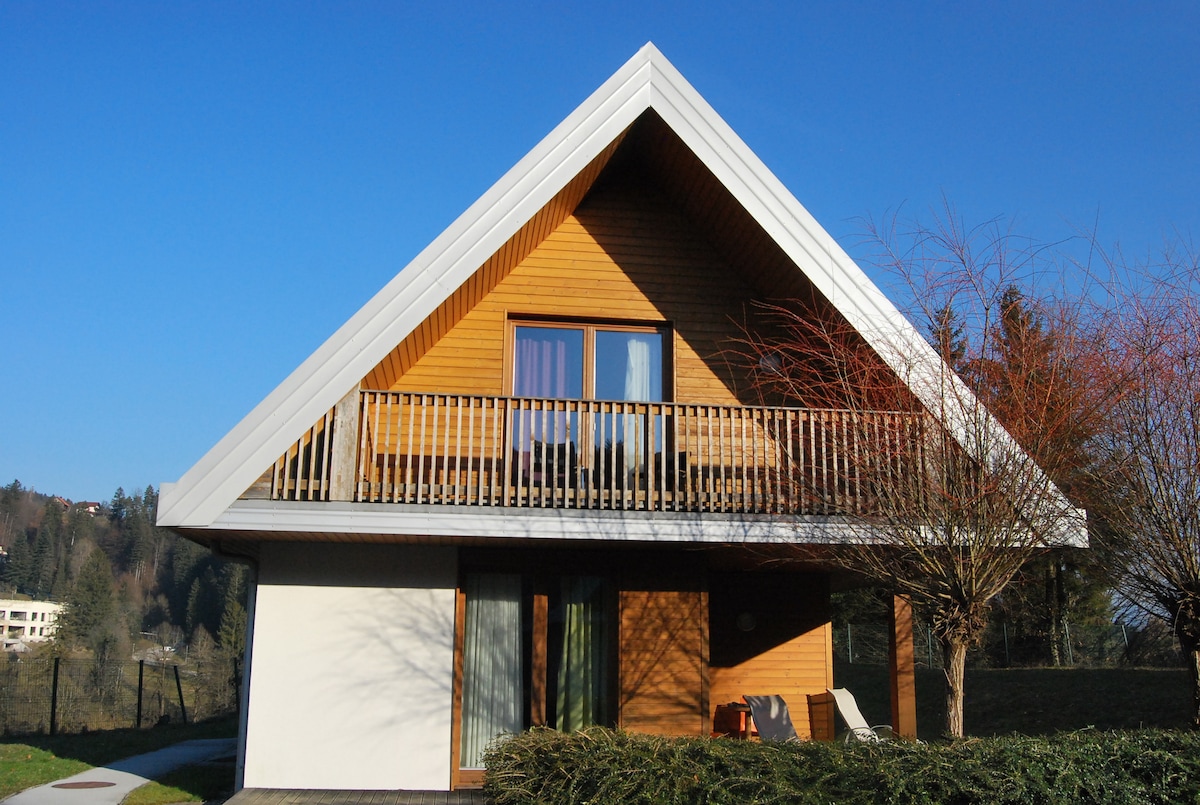 The modern house features a distinctive triangular roofline and a wooden façade, with large windows that offer views of the surrounding nature. A balcony extends along the upper level, complemented by a manicured lawn and clear blue sky, creating an inviting outdoor space.