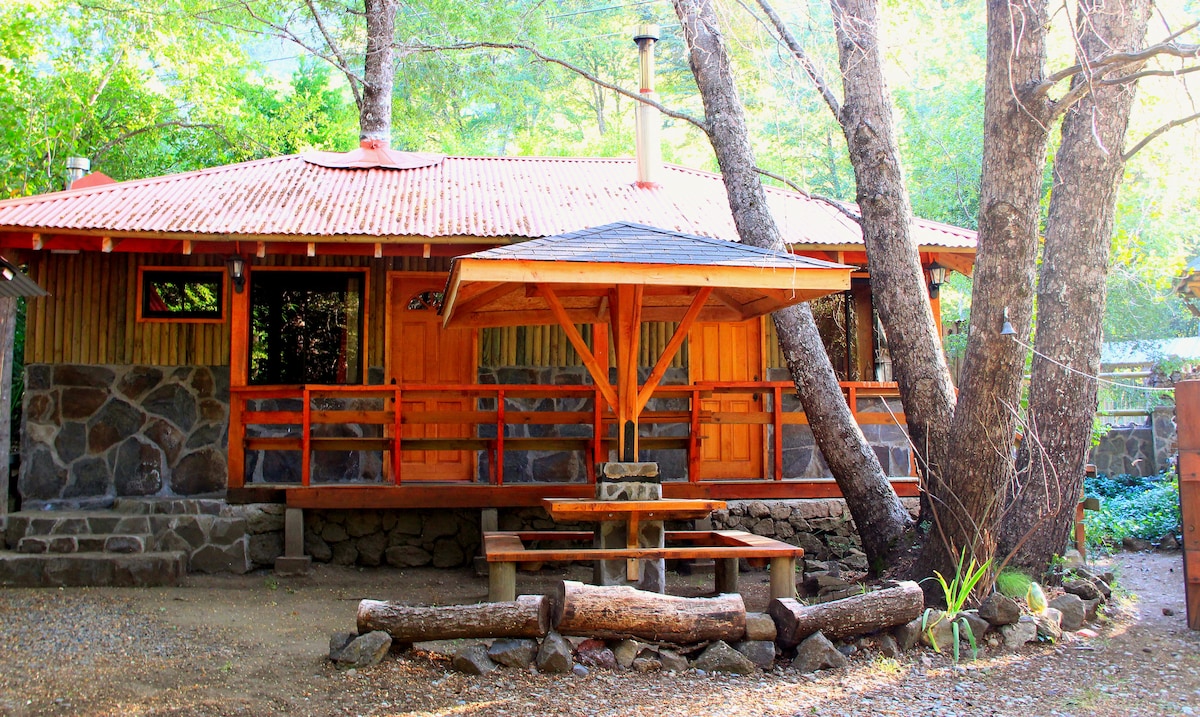 A wooden cabin showcases a rustic design beneath tall trees. A covered porch features a picnic table surrounded by logs, inviting outdoor relaxation. The stonework and wooden accents contribute to a harmonious connection with the natural surroundings.