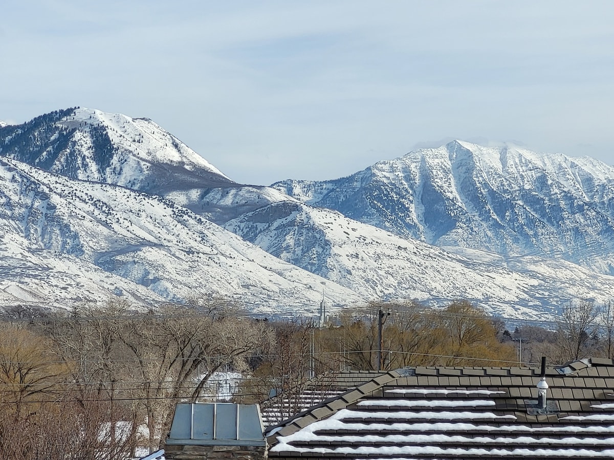 Snow-covered mountains rise majestically in the background, showcasing a landscape of textured ridges and valleys. The foreground features rooftops, contrasting with the serene, natural beauty of the mountains under a clear blue sky.