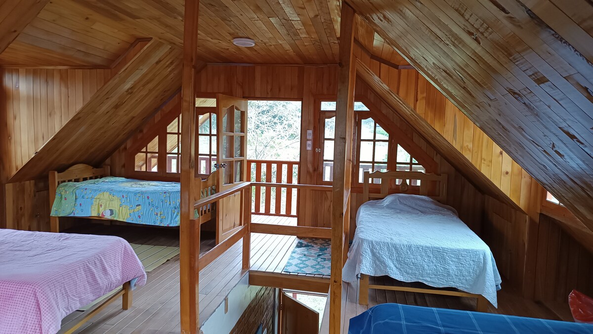 An inviting loft space features two beds covered in colorful blankets. Natural wood paneling creates a warm ambiance, while large windows provide views of the outdoors. A cozy seating area is positioned between the beds on a wooden floor, enhancing the cabin's rustic charm.