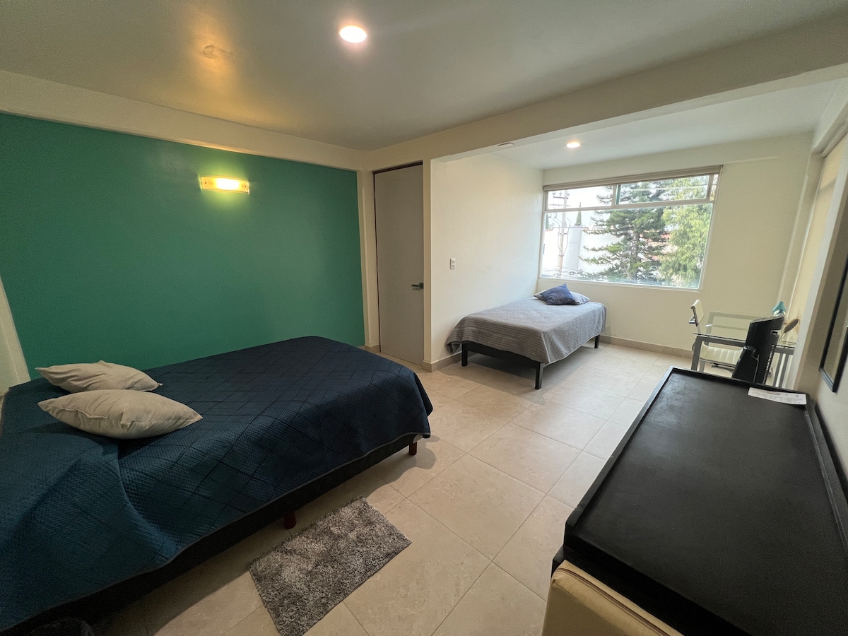 A well-lit room showcases two beds, one covered with a dark navy quilt and the other in gray. A window allows natural light to fill the space, complemented by a small desk and chair positioned nearby. A bedside table holds two decorative pillows.