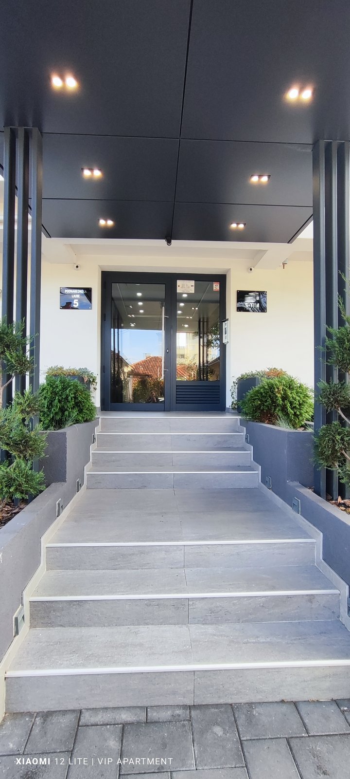 An entrance to the apartment features a set of wide concrete steps leading up to a glass double door. Flanking the entrance are neatly arranged green shrubs in modern planters, contributing to a clean and contemporary appearance.