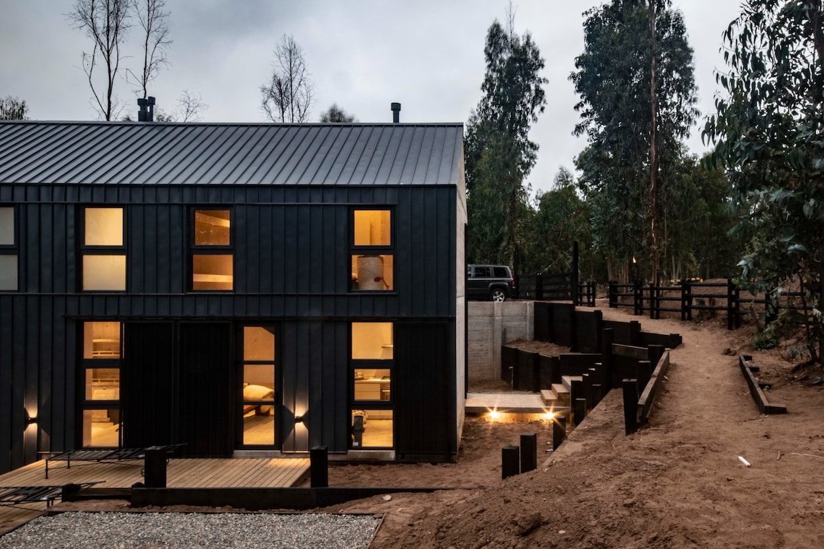 The modern two-story building features a sleek black exterior with various windows illuminating the interior. A well-defined path leads towards the home, surrounded by natural landscaping. Soft lighting enhances the outdoor area, highlighting the contrast between the structure and the surrounding environment.