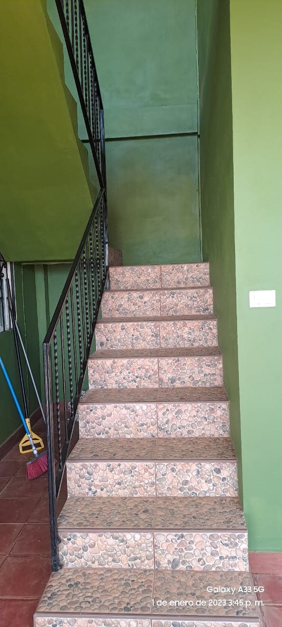 A staircase ascends from a terracotta tiled floor, bordered by a black metal railing. The walls showcase fresh green paint, complementing the natural light filtering in. A broom and dustpan are positioned beside the staircase, indicating a tidy and well-maintained space.