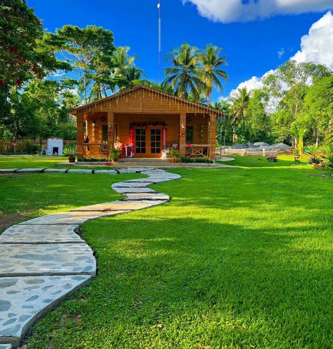 A charming wooden cottage is set amidst lush greenery, framed by palm trees. A winding stone path leads to the entrance, which is adorned with colorful decorations. The vibrant lawn creates an inviting outdoor space that highlights the tranquility of the surrounding environment.