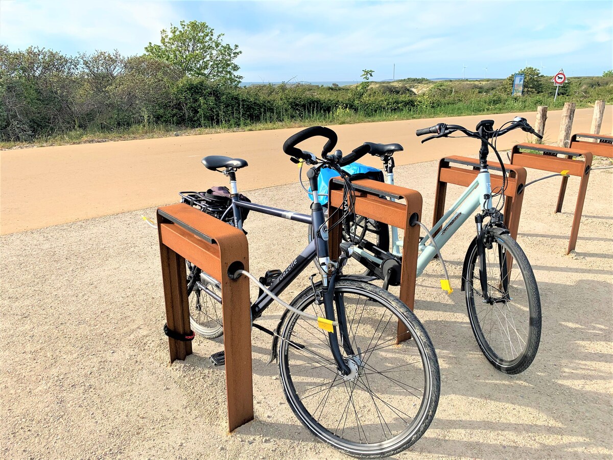 Two bicycles are secured at a wooden bike rack along a gravel pathway. Lush greenery and distant trees frame the scene, with a glimpse of water visible in the background. The sky is clear, suggesting a pleasant environment for outdoor activities.