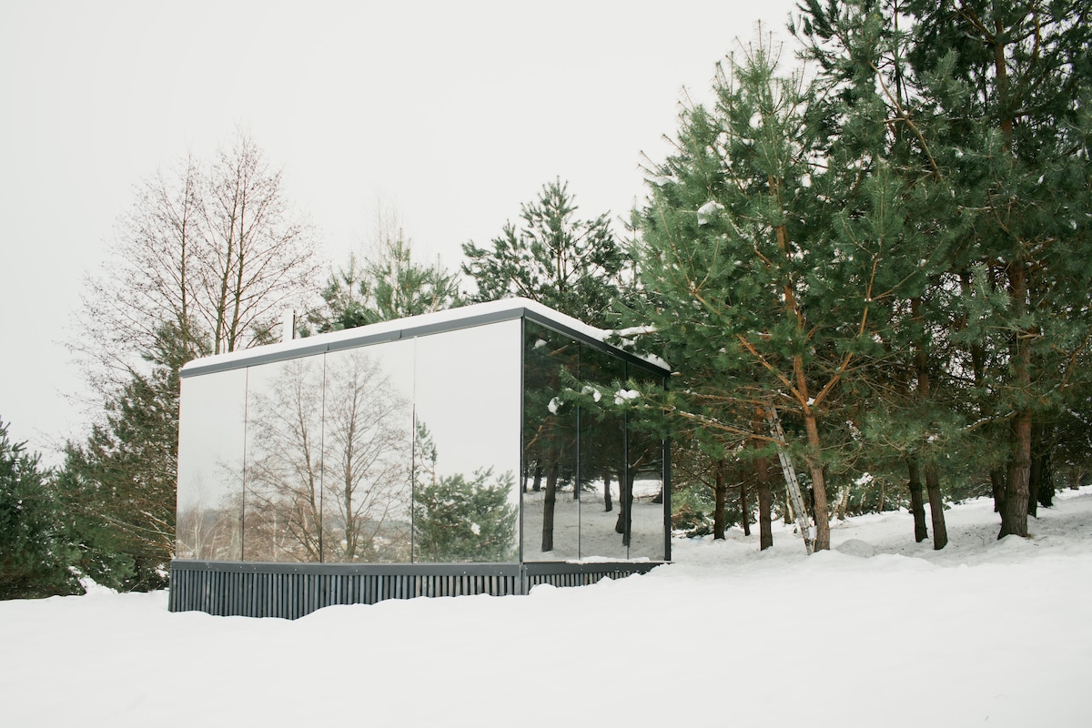 A modern structure with reflective glass walls sits among snow-covered ground and pine trees. The minimalist design offers an unobtrusive presence in the serene winter landscape, creating a harmonious blend with the surrounding nature.