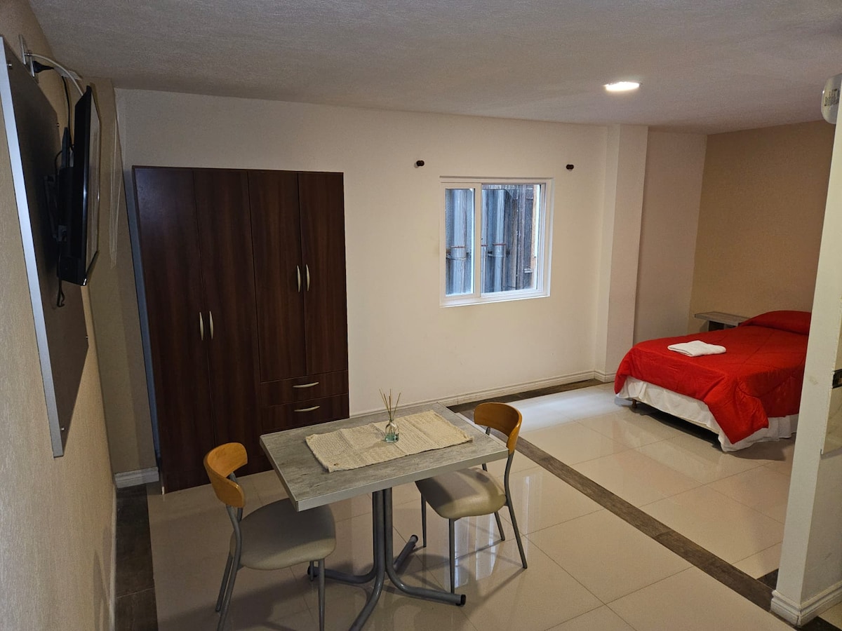 A compact living space is shown with a large window providing natural light. A dining table with two chairs is positioned near the entrance. A bed is made with a red blanket, while a wooden wardrobe stands against the wall, enhancing the utility of the room.