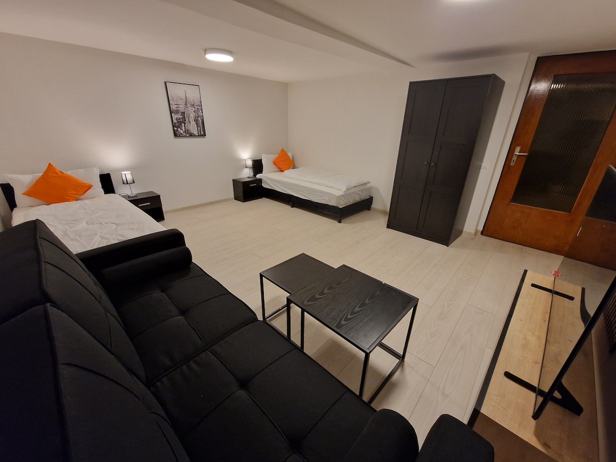 A modern, freshly renovated studio features two comfortable single beds with orange accent pillows and bedside tables. A dark wardrobe stands against the wall, while a black sofa and coffee table create a cozy seating area. Natural light enters through a door leading outside.