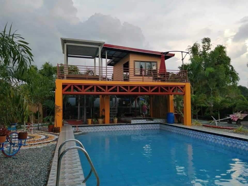 A vibrant structure is set beside a large swimming pool, showcasing an open deck area with a shaded seating space. Surrounding greenery is evident, with palm trees and decorative stones enhancing the landscape. The sky is partly cloudy, creating a serene ambiance.