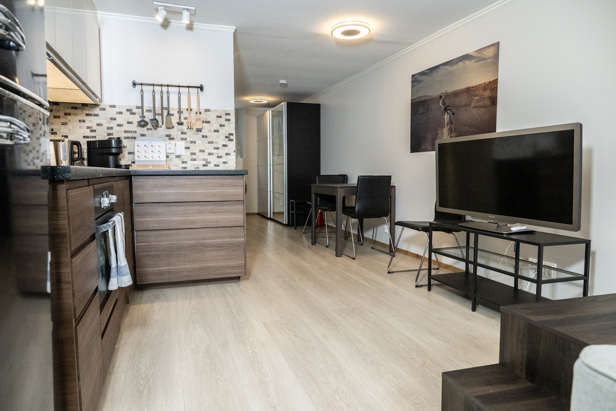 A modern kitchen area is complemented by sleek wooden cabinetry and a patterned backsplash. A dining table with chairs is positioned nearby. A television sits atop a metal stand, while light-colored flooring enhances the spacious feel of the room.