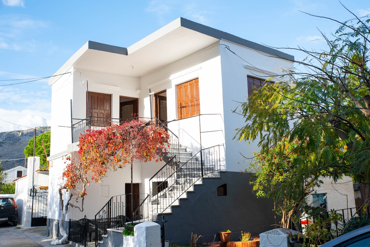 A traditional house is depicted with a well-maintained façade, featuring a white exterior and large wooden doors. A staircase leads to the front entrance, surrounded by greenery and climbing plants, while a parking area is visible in the foreground.