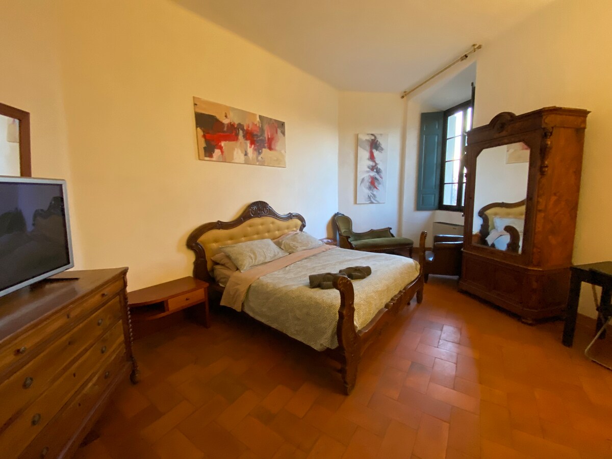 A spacious room is furnished with a vintage wooden bed and a matching armchair. A framed artwork adorns the wall, and a large mirror reflects the natural light from the window. A television sits atop a wooden dresser, complementing the antique furnishings.