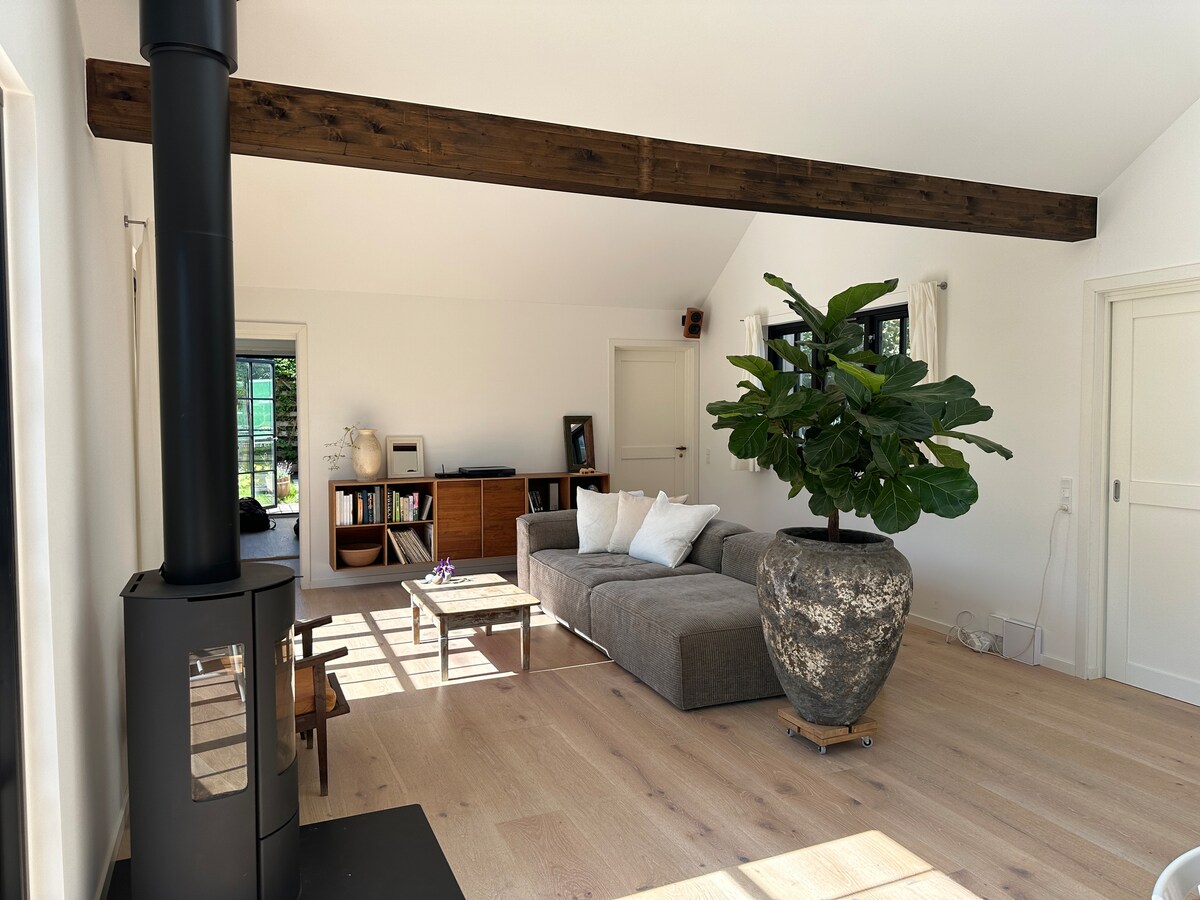 An open living space features a grey sectional sofa positioned beside a coffee table, accented by a large indoor plant in a textured pot. A modern wood stove sits in the corner, while natural light floods through windows, highlighting the light wooden flooring and minimalist decor.