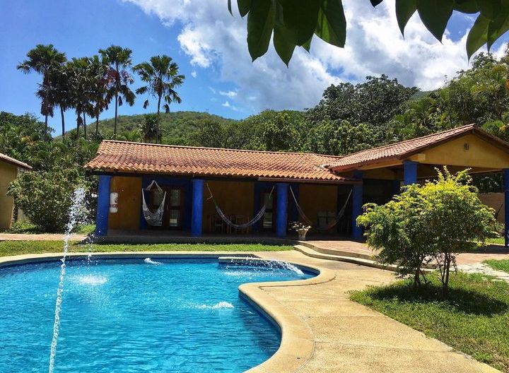 A refreshing pool occupies the foreground, featuring gentle ripples from a fountain. A single-story building with a tiled roof is visible, complemented by blue columns. Lush greenery and palm trees frame the space, set against a clear blue sky with scattered clouds.