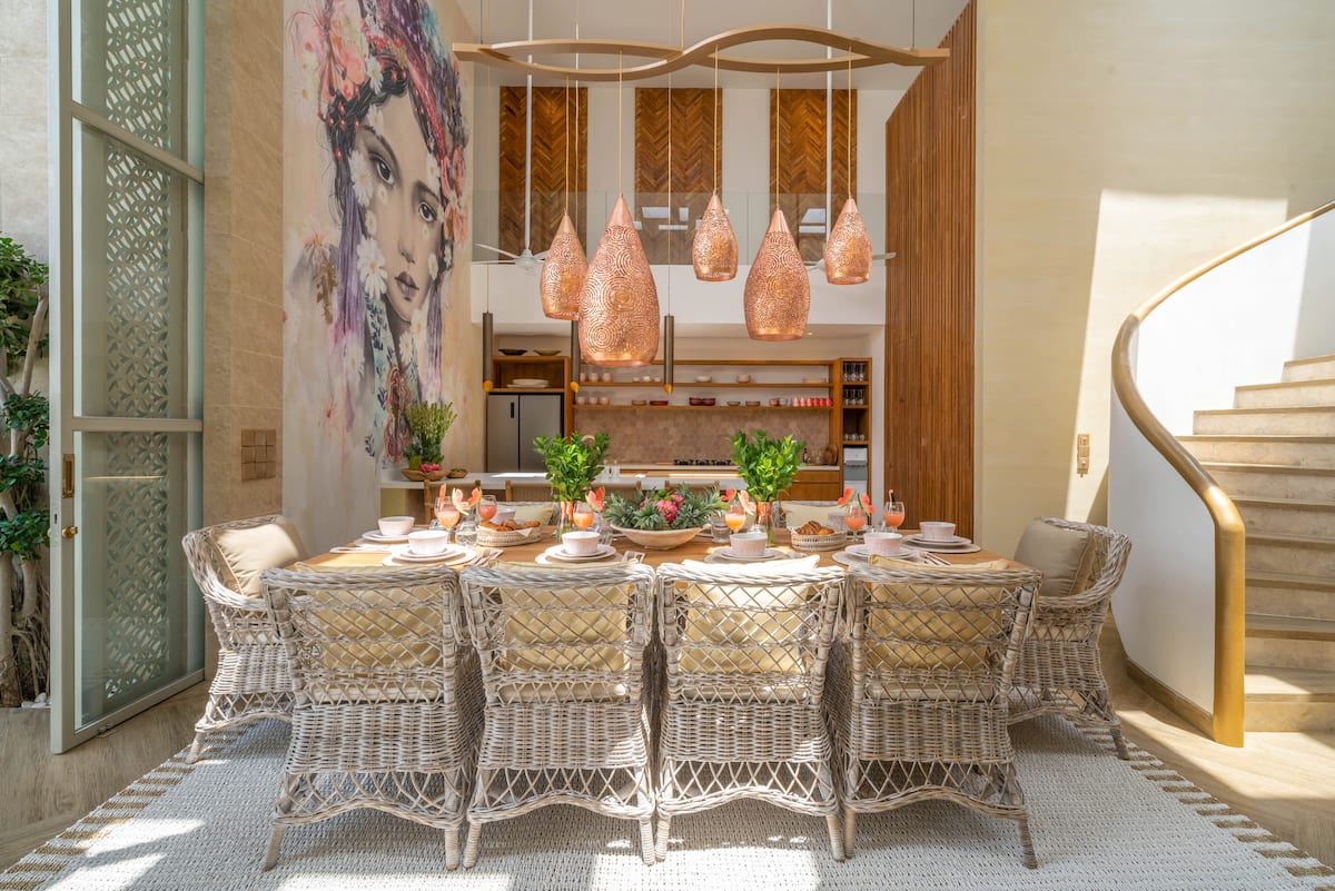 A long table set for a gathering