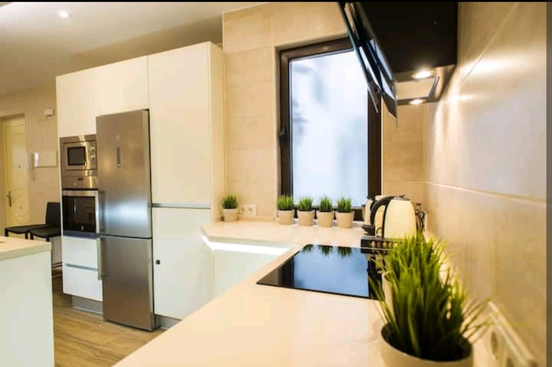 A modern kitchen features sleek white cabinetry and stainless steel appliances. An induction cooktop is situated on the countertop, complemented by small potted plants along the window. Natural light enters through a nearby window, creating a bright cooking space.