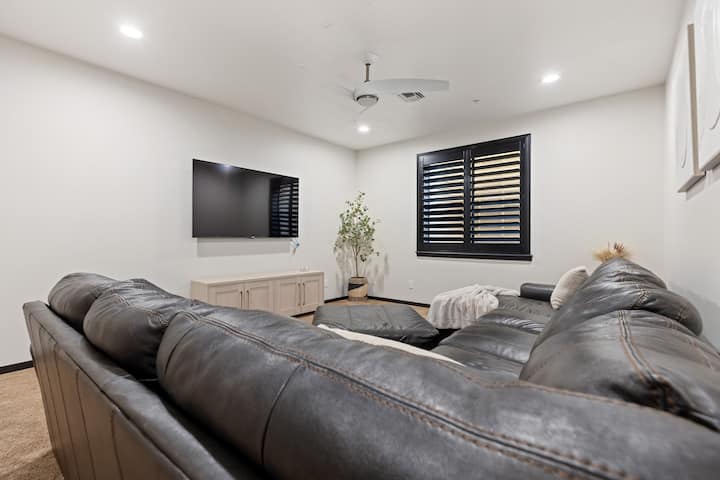 Basement living space with 70” Roku TV