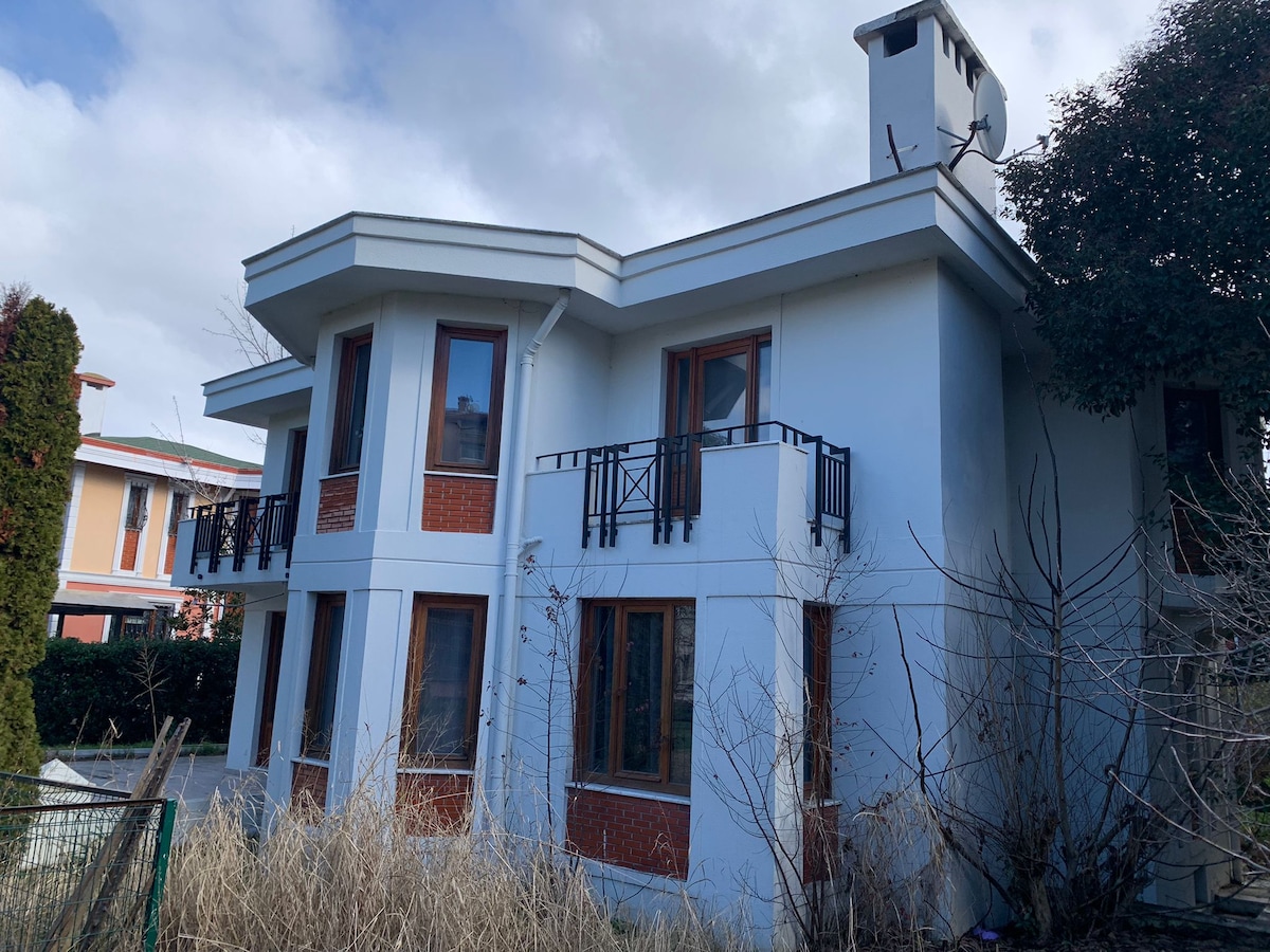 The exterior of the villa features a modern design with a white facade and balcony railings. Large windows invite natural light, while surrounding greenery adds to the serene atmosphere. The structure is complemented by a chimney and is set against a cloudy sky.