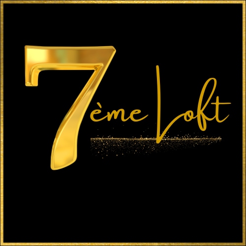 A logo features a stylized golden number 7 paired with the elegant text 'ème Loft.' The design is set against a black background, creating a striking contrast that highlights the luxurious theme of the loft.