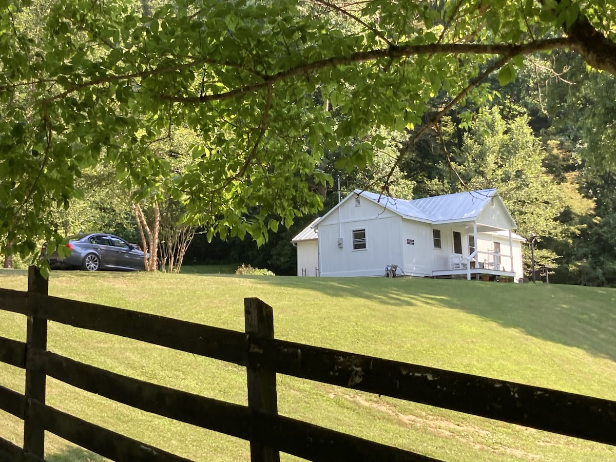 A charming cabin is nestled on a grassy hillside, surrounded by trees. A silver car is parked nearby on the well-maintained lawn. A wooden fence runs along the property, enhancing the serene rural setting.