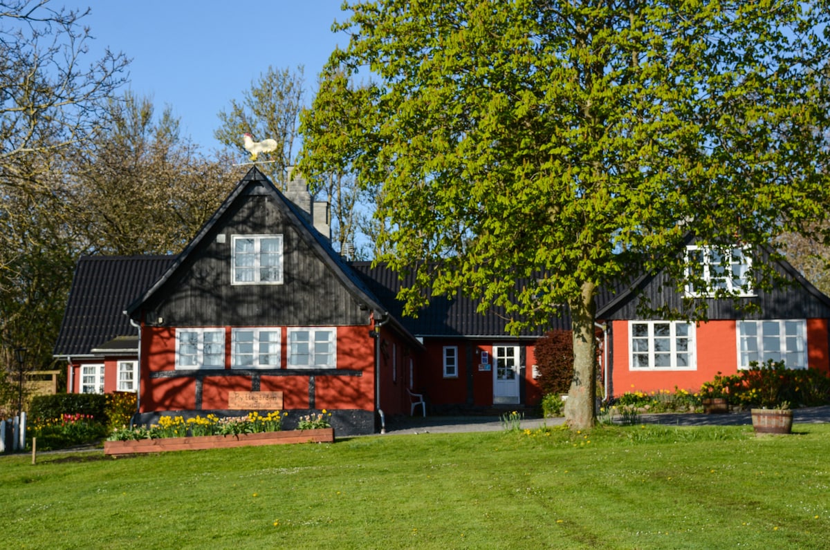 A charming red house with black accents stands surrounded by lush greenery. Large windows and a decorative weather vane are visible on the roof. Flower beds border the entrance, enhancing the natural setting, while a spacious lawn invites outdoor activities.