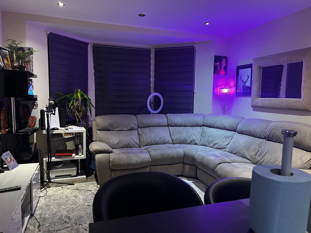 A spacious living area features a curved sectional sofa, softly illuminated by ambient lighting. A small plant stands next to a desk, and art pieces are displayed on the walls. Light filters through window shades, creating a cozy environment.